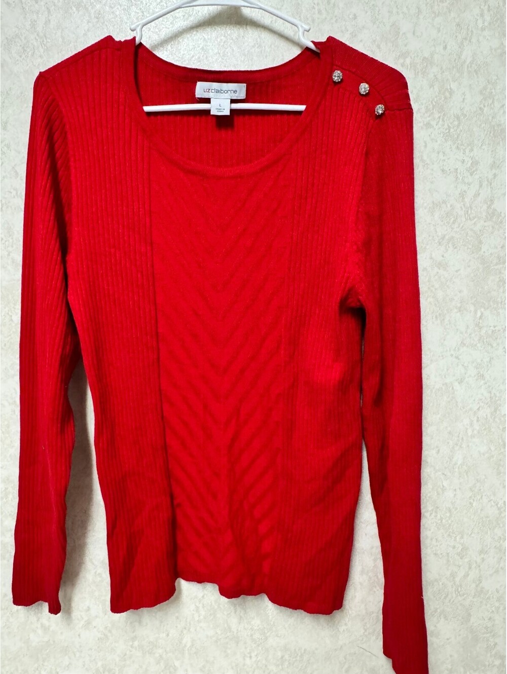 Liz Claiborne Red Ribbed Knit Sweater Rhinestone Shoulder Buttons L